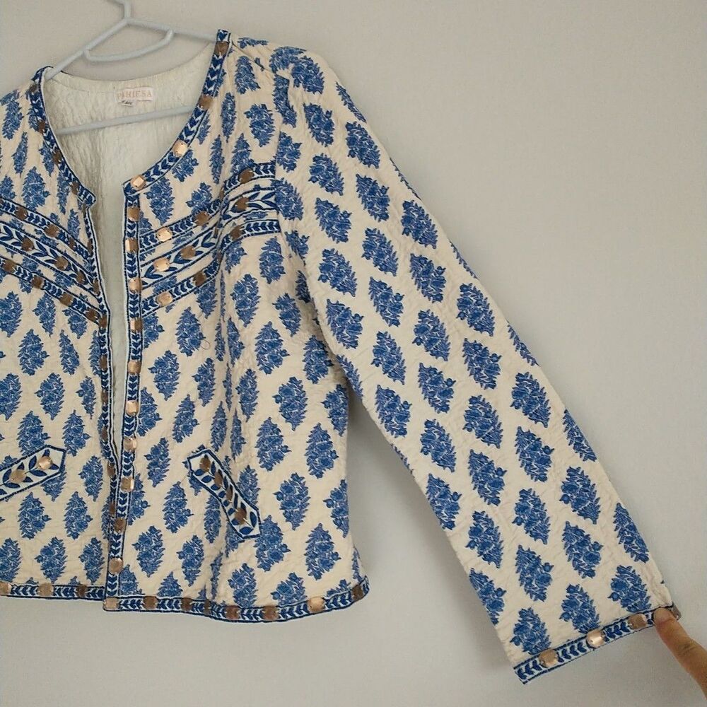 Pahiesa Open Front Jacket Womens M/L/S*Blue Floral Block Print Quilted Embellish - Picture 4 of 10